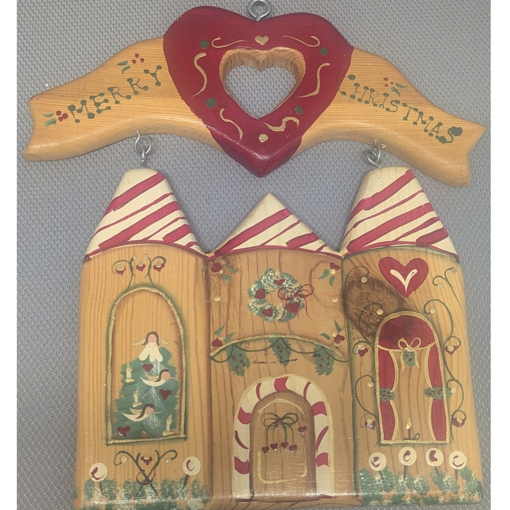 Vintage 1995 Handmade Wooden Merry Christmas Folk Art Wall Hanger JDI Inc